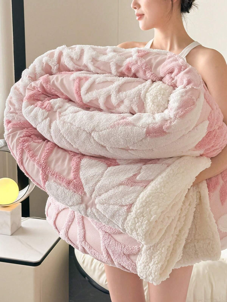1pc Thick Double-Layer Bohemian Style Jacquard Faux Fur Fleece Blanket, Soft & Warm, Reversible For Bed, Sofa, Office, Car, Travel, Picnic, Party, All Seasons