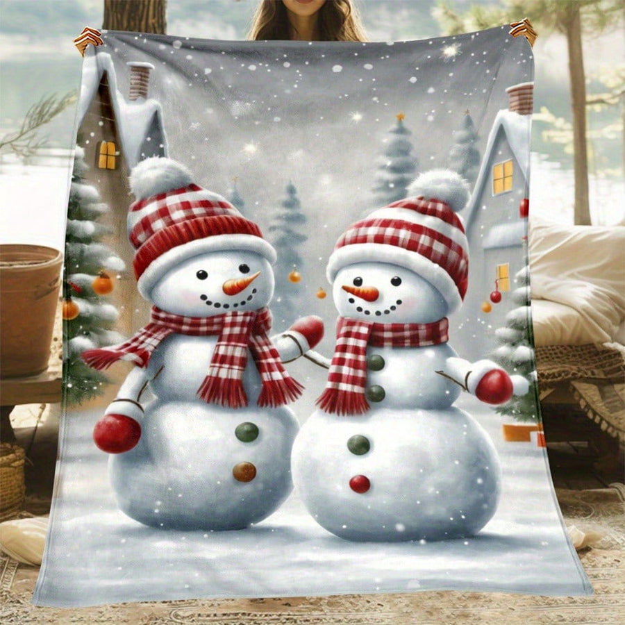 1pc Cozy Christmas Snowman Flannel Throw Blanket - Lightweight, All-Season Knit Flannel For Sofa, Bed, Travel - Soft Polyester Fabric, Machine Washable - Ideal Gift For Family And Friends