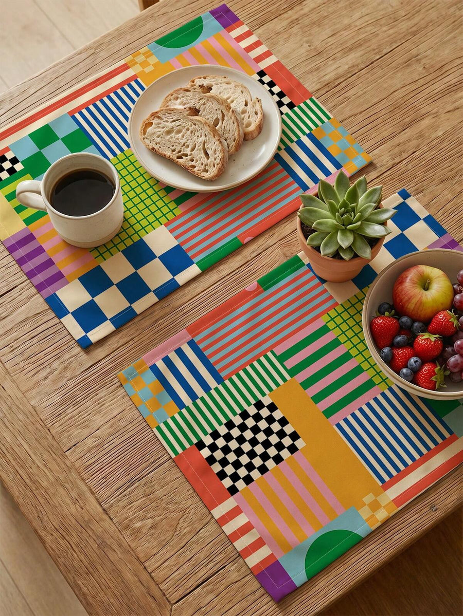 2pcs Colorful Striped Plaid Placemats, Retro Abstract Design, Heat Resistant & Easy To Clean, Suitable For Kitchen, Home, Indoor/Outdoor, Dining Table, Coffee Bar