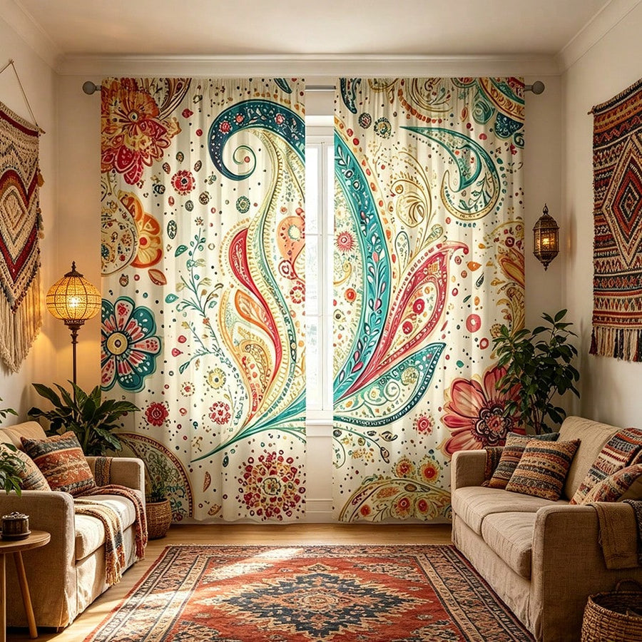 2PCS Bohemian Floral Themed Curtains With Paisley Pattern Design, Pole Pockets, Privacy Protection, Room Decoration Curtains, Living Room Curtains, Versatile Decorative Curtains, Machine Washable, Suitable For All Seasons,Excluding Straps