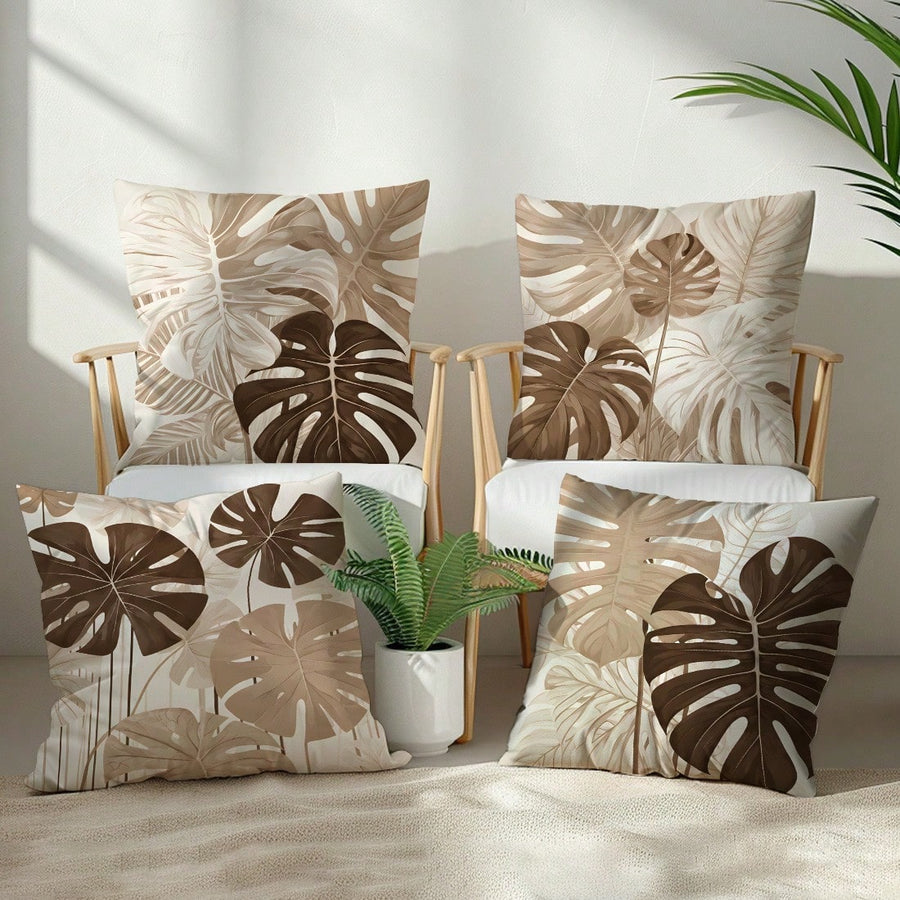 4pcs Vintage Coffee Color Botanical Monstera Leaf Pattern Cushion Covers, Single-Sided Printed Skin-Friendly Peach Skin Velvet Material, 45*45CM Pillowcases Suitable For Room Decor, Indoor Sofa Living Room Decor Party Decor, Decorative Cushion Covers Gift